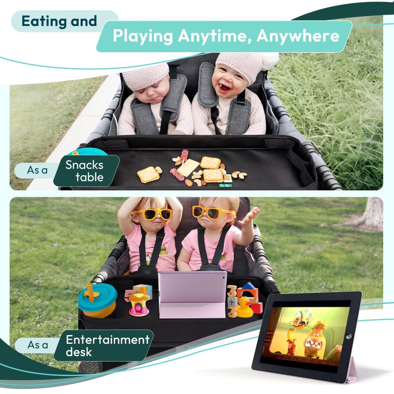 Boffinby Double Sided Stroller Tray Fits for Wonderfold Wagon- Kids Snacks & Activities - Faux Leather Sides for Eating - 4 Cup Holders-W4 accessories, Easy to Use and Clean, Play On the Go (W4 Series) - Image 4