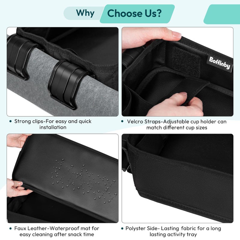 Boffinby Double Sided Stroller Tray Fits for Wonderfold Wagon- Kids Snacks & Activities - Faux Leather Sides for Eating - 4 Cup Holders-W4 accessories, Easy to Use and Clean, Play On the Go (W4 Series) - Image 3