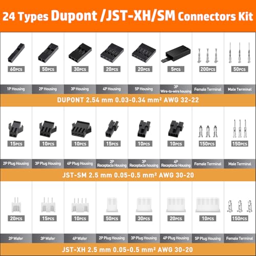 PEBA Crimping Tool and Dupont Connector Kit - 24 Types of Dupont 2.54 mm Connectors & Crimp Pins, 2.5 mm JST-XH & JST-SM Contacts and Housings, for DIY Electronics - Suitable for AWG 32-20 Wires - Image 5