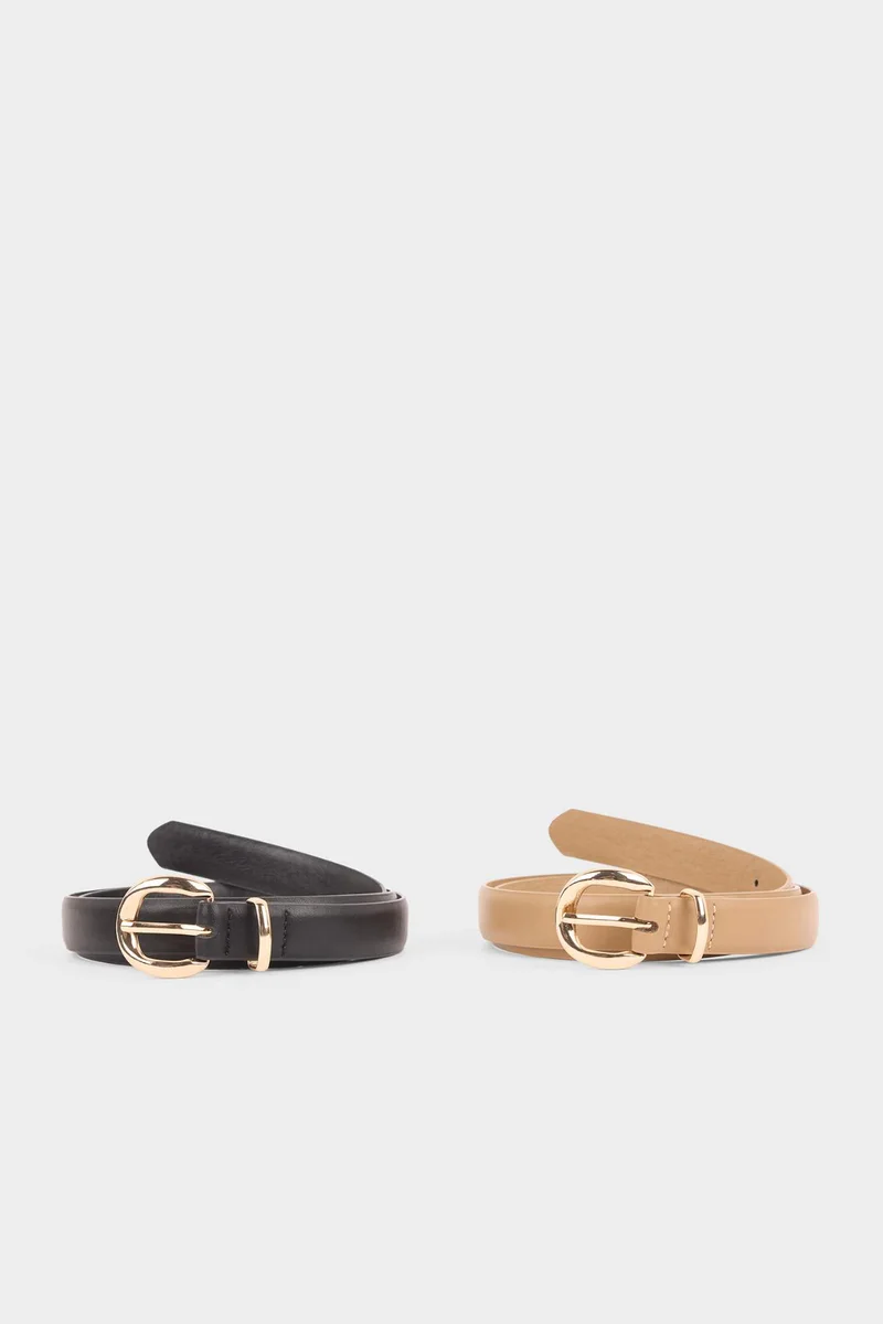 Woman Oval Buckle Faux Leather 2 Piece Casual Belt