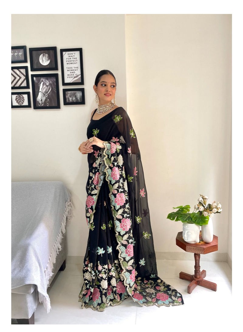 Grab Mantra Georgette Black Saree With Multi Colour Sequence Work and Unstitched Blouse - Image 2