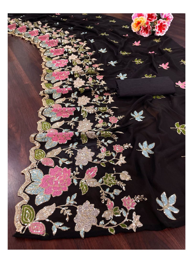 Grab Mantra Georgette Black Saree With Multi Colour Sequence Work and Unstitched Blouse - Image 3