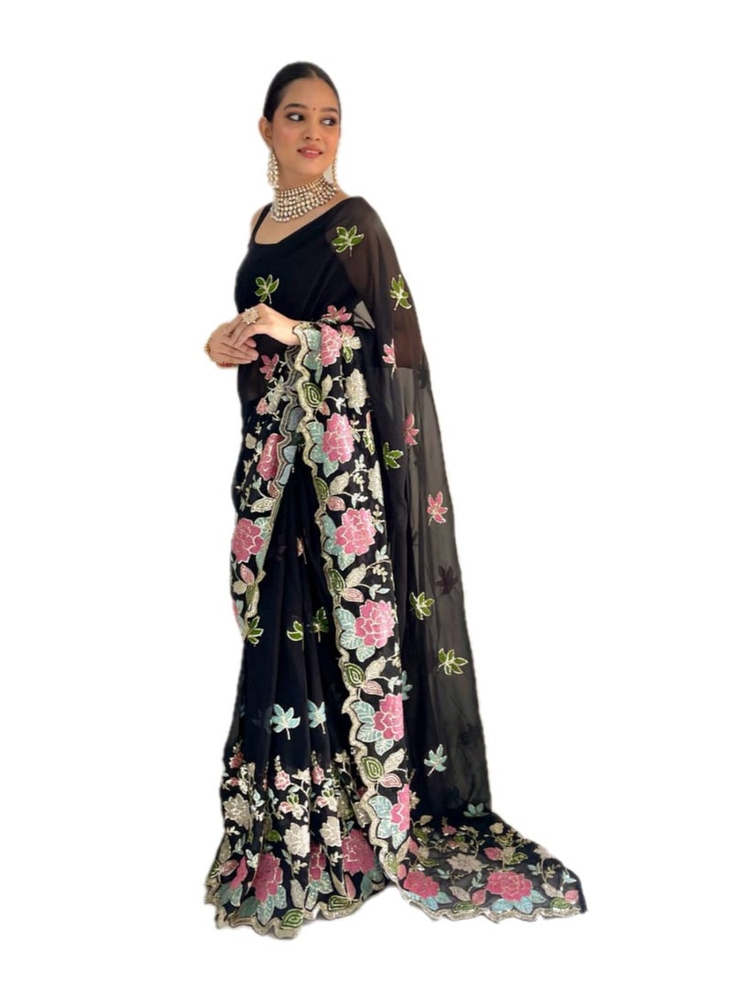 Grab Mantra Georgette Black Saree With Multi Colour Sequence Work and Unstitched Blouse - Image 1