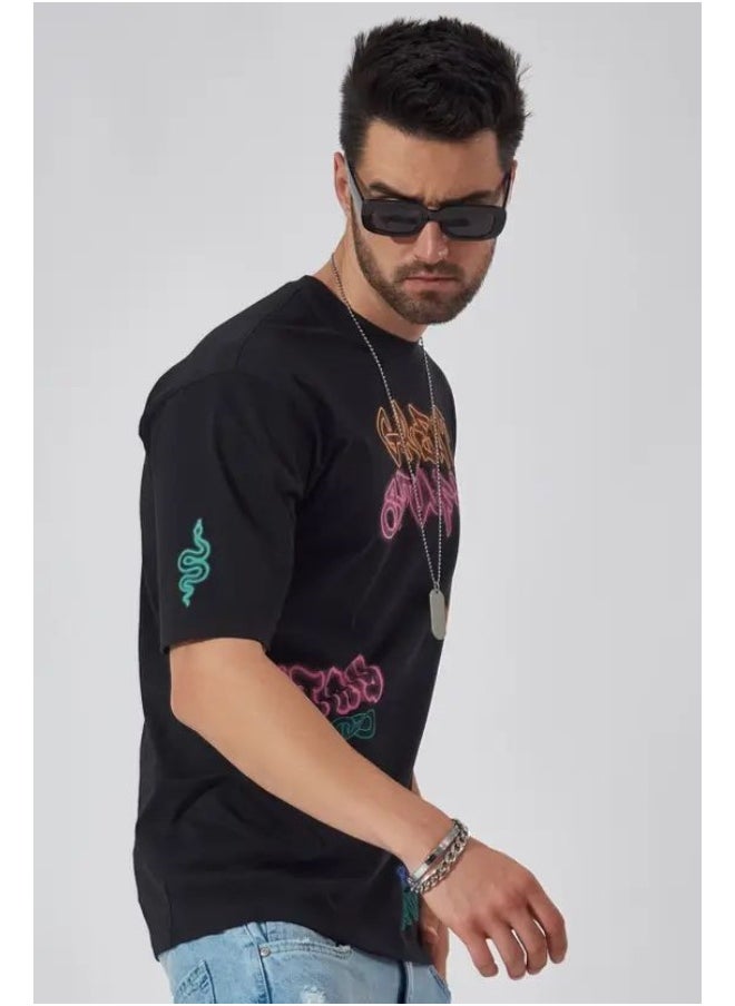 Maniac Maniac Mens Round Neck 3-4th Sleeve Printed  Black and Orange Cotton Boxy Fit Tshirt  - Image 2