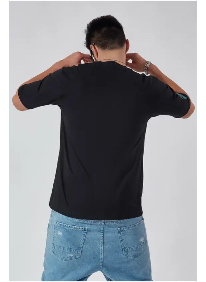 Maniac Maniac Mens Round Neck 3-4th Sleeve Printed  Black and Orange Cotton Boxy Fit Tshirt  - Image 3