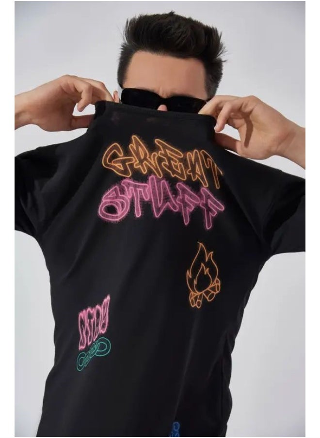 Maniac Maniac Mens Round Neck 3-4th Sleeve Printed  Black and Orange Cotton Boxy Fit Tshirt  - Image 4