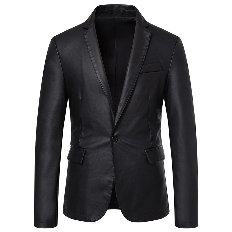 Womleys Men's Casual Notched Collar One Button Faux Leather Blazer Suit Jacket Sport Coats (Large, Black) - Image 1