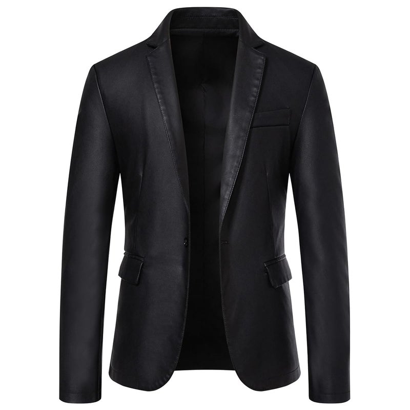 Womleys Men's Casual Notched Collar One Button Faux Leather Blazer Suit Jacket Sport Coats (Large, Black) - Image 2