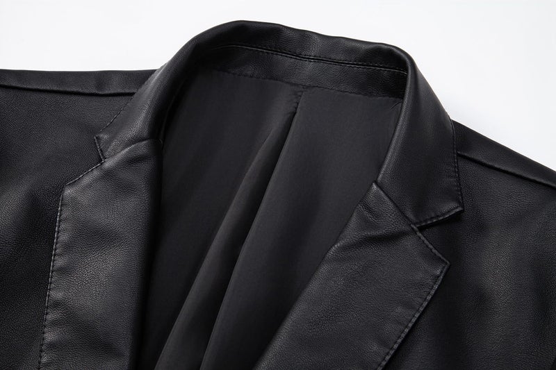 Womleys Men's Casual Notched Collar One Button Faux Leather Blazer Suit Jacket Sport Coats (Large, Black) - Image 4