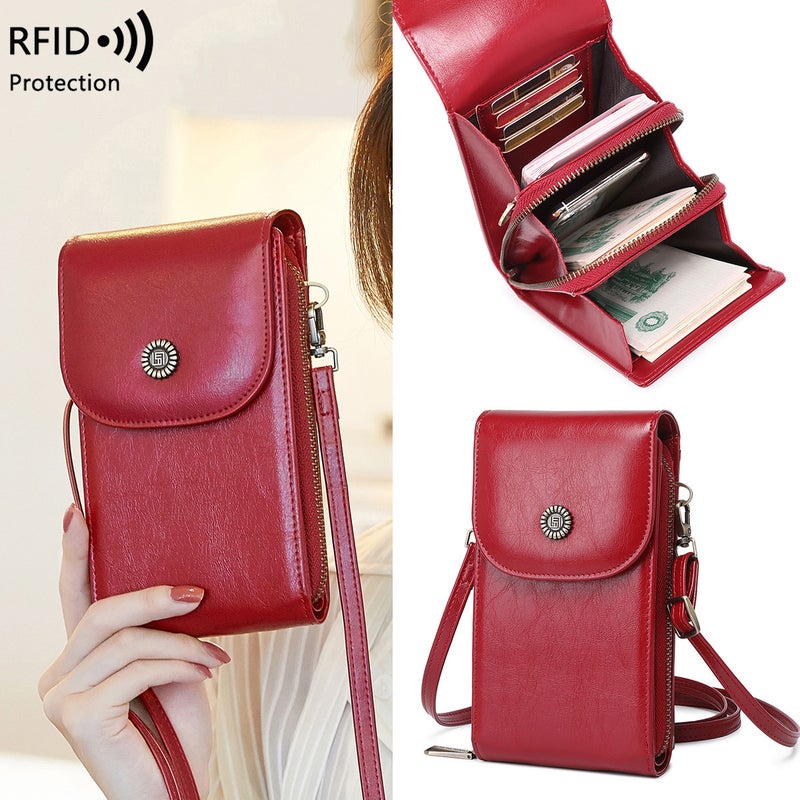 Rfid Anti-Magnetic Mobile Phone Bag Retro Oil Wax Leather Mobile Phone Bag Versatile Women'S Shoulder Crossbody Bag - Image 2