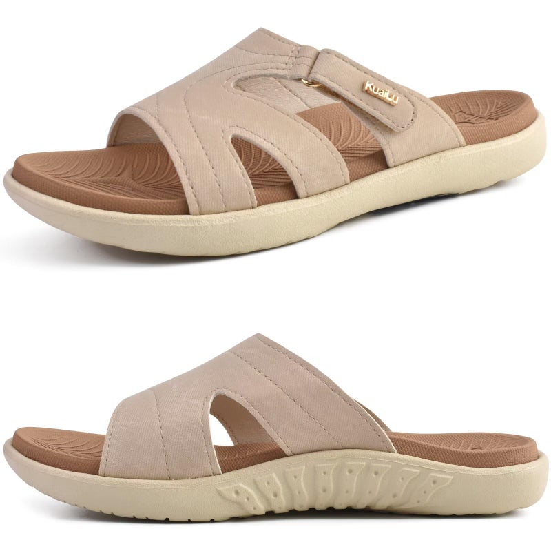 KuaiLu Womens Fashion Orthotic Slides Ladies Lightweight Athletic Yoga Mat Walking Sandals Slip On Thick Cushion Recovery Slippers Sandles Comfortable Plantar Fasciitis Arch Support Tan Beige Size 8.5 - Image 1