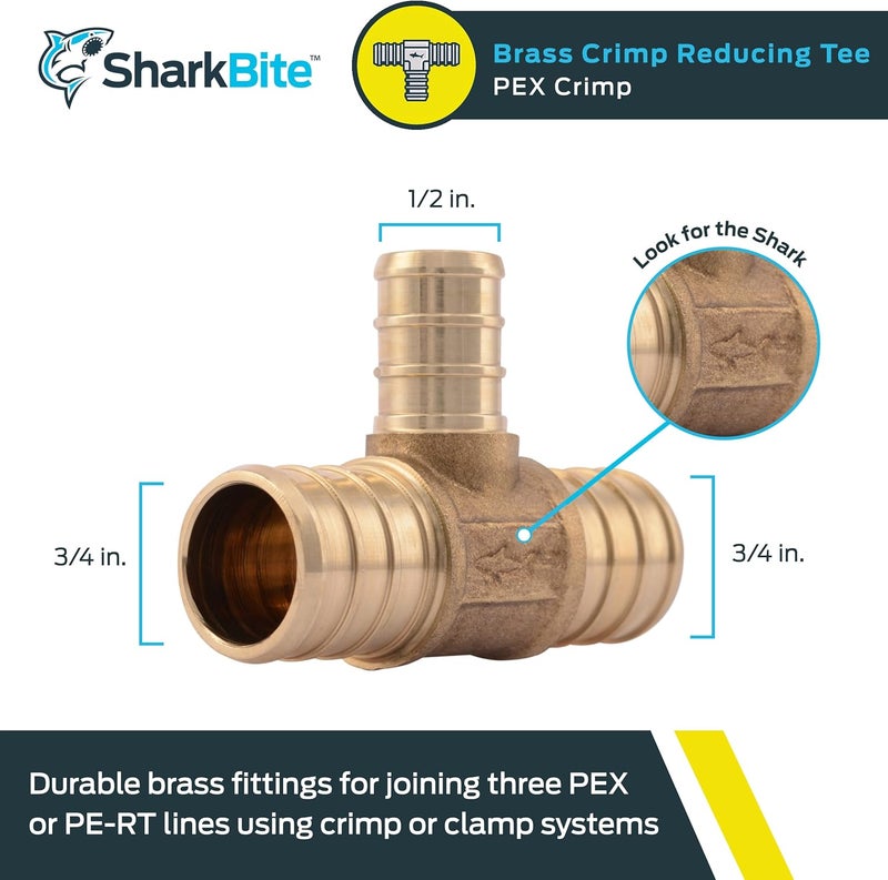 SharkBite Global assorted color picks 3/4 Inch x 3/4 Inch x 1/2 Inch Crimp Reducing Tee, Brass Plumbing Fitting, PEX Pipe, PE-RT, UC412LFA Modern practical shape - Image 2