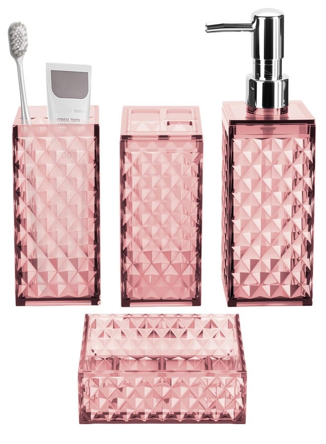 RRM Bathroom Accessory Set, Grid Pattern 4 Pcs Plastic Bathroom Set Include Soap Dispenser, Soap Dish, Toothbrush Holder, Mousewash Cup, Modern Bahtroom Décor Set(Pink) - Image 1