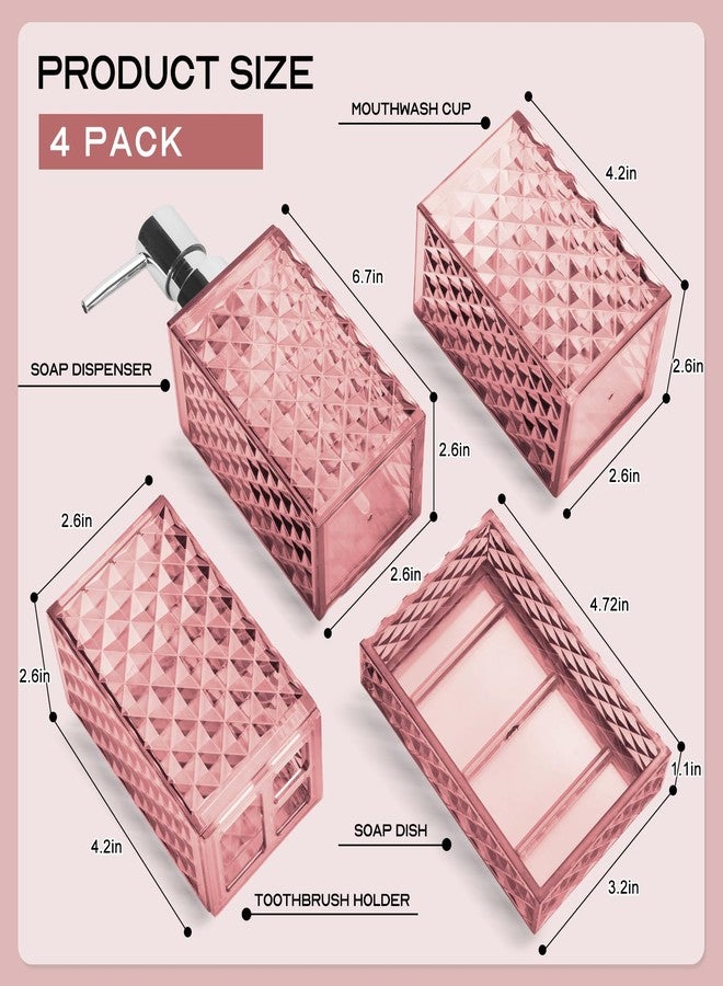 RRM Bathroom Accessory Set, Grid Pattern 4 Pcs Plastic Bathroom Set Include Soap Dispenser, Soap Dish, Toothbrush Holder, Mousewash Cup, Modern Bahtroom Décor Set(Pink) - Image 2