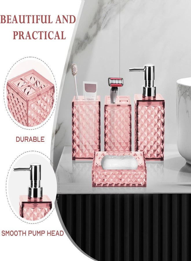 RRM Bathroom Accessory Set, Grid Pattern 4 Pcs Plastic Bathroom Set Include Soap Dispenser, Soap Dish, Toothbrush Holder, Mousewash Cup, Modern Bahtroom Décor Set(Pink) - Image 4
