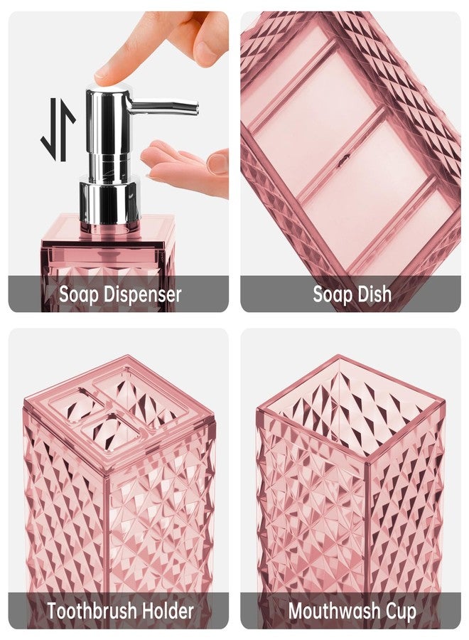 RRM Bathroom Accessory Set, Grid Pattern 4 Pcs Plastic Bathroom Set Include Soap Dispenser, Soap Dish, Toothbrush Holder, Mousewash Cup, Modern Bahtroom Décor Set(Pink) - Image 3