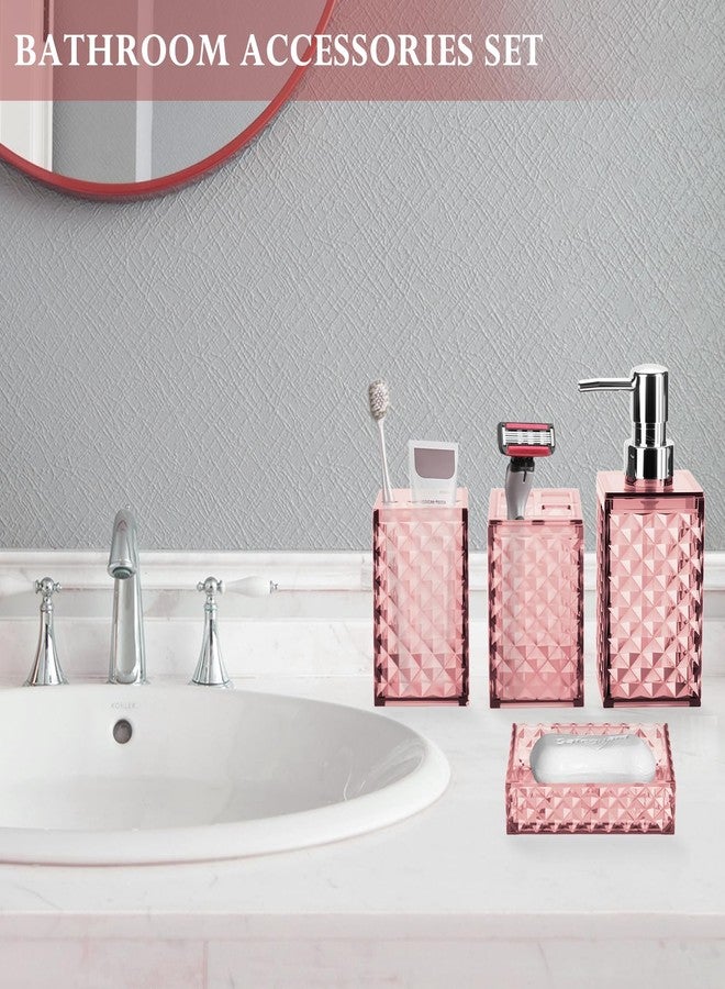 RRM Bathroom Accessory Set, Grid Pattern 4 Pcs Plastic Bathroom Set Include Soap Dispenser, Soap Dish, Toothbrush Holder, Mousewash Cup, Modern Bahtroom Décor Set(Pink) - Image 5