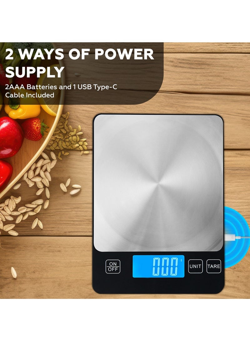 AMROAH 15kg Digital Kitchen Scale Rechargeable with USB Type C Charging & LCD Display, 304 Stainless Steel Weight Food Scale Ounces Grams for Kitchen Cooking Baking Meal Prep  - Image 3