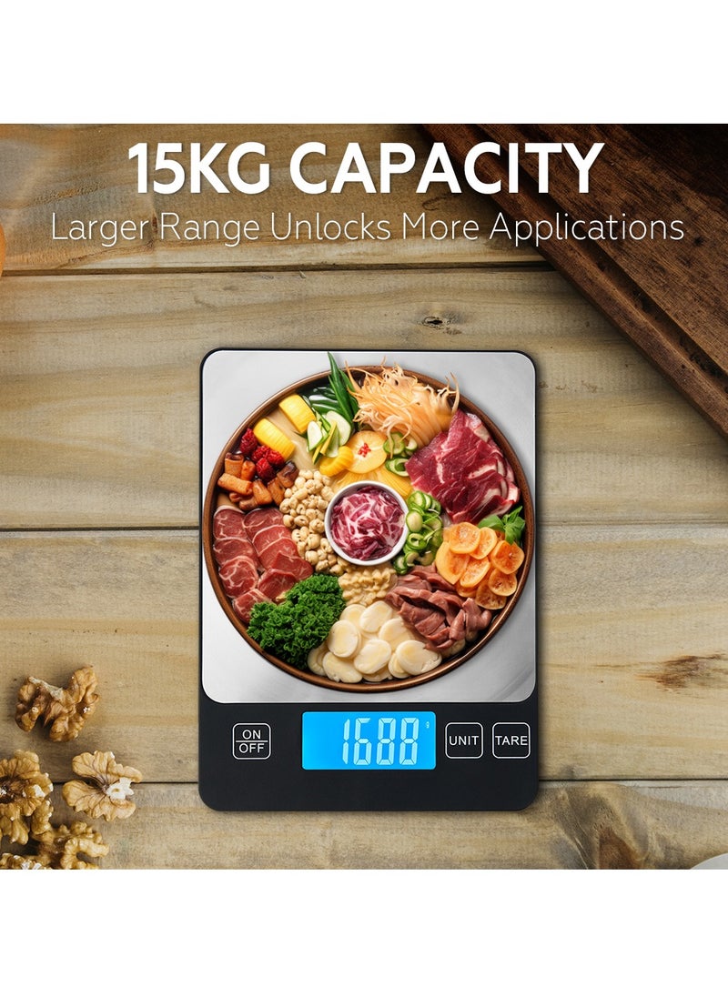 AMROAH 15kg Digital Kitchen Scale Rechargeable with USB Type C Charging & LCD Display, 304 Stainless Steel Weight Food Scale Ounces Grams for Kitchen Cooking Baking Meal Prep  - Image 5