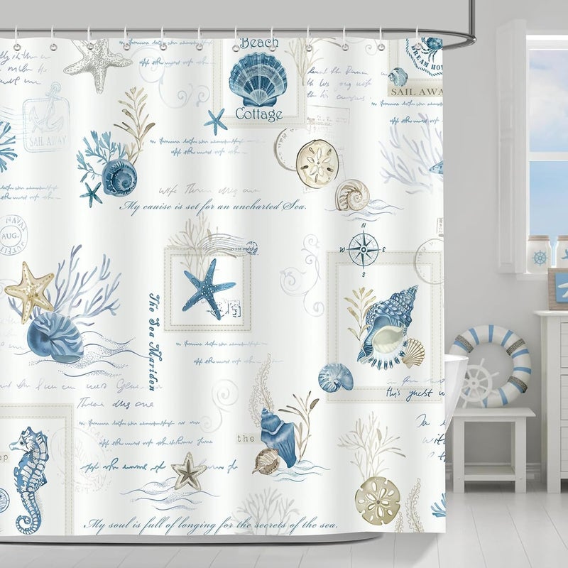 Nautical Coastal Shower Curtain for Bathroom Ocean Theme Starfish Seashell Vintage Blue Decorative Bath Curtain 56 x 72 Inch - Image 2