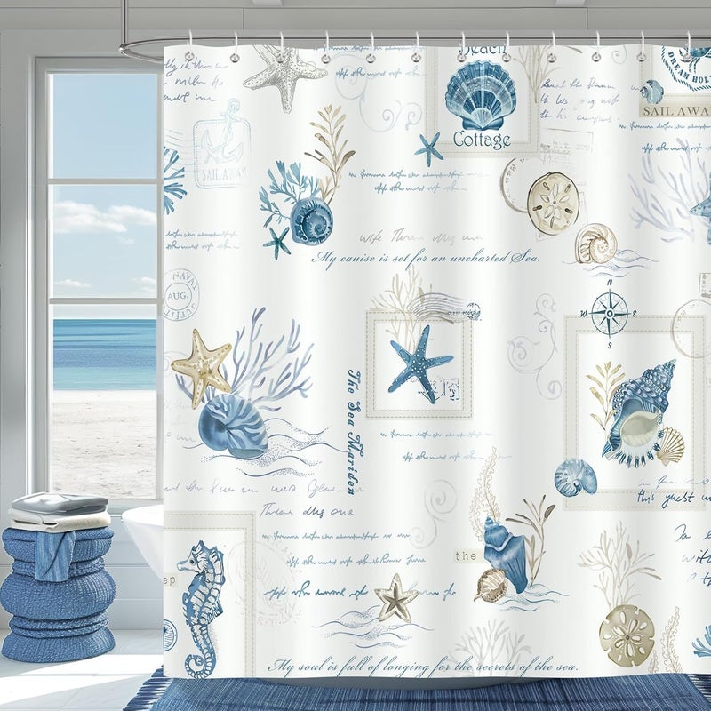 Nautical Coastal Shower Curtain for Bathroom Ocean Theme Starfish Seashell Vintage Blue Decorative Bath Curtain 56 x 72 Inch - Image 1