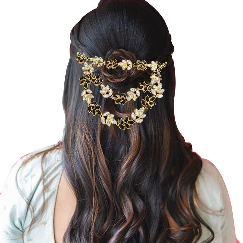 Imaashi Rhinestone Kundan Work Wedding Tiara Headband Bridal Headpiece Hair Chain for Party Hair Accessories for Girls Women (White & Black) - Image 1