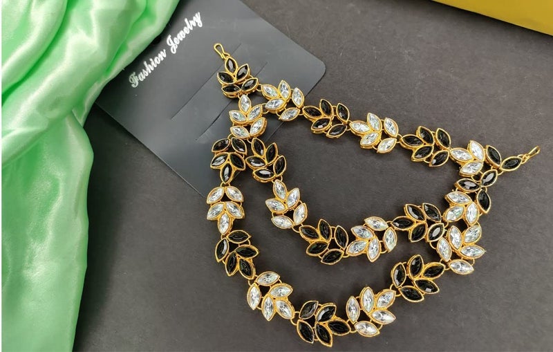 Imaashi Rhinestone Kundan Work Wedding Tiara Headband Bridal Headpiece Hair Chain for Party Hair Accessories for Girls Women (White & Black) - Image 3