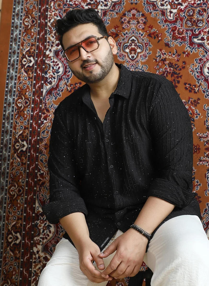 Instafab Plus Instafab Plus Men's Onyx Black Gleam-Tactile Shirt For Casual Wear | Spread Collar | Long Cuffed Sleeves | Button Closure | Plus Size Shirt Crafted With Comfort Fit For Everyday Wear