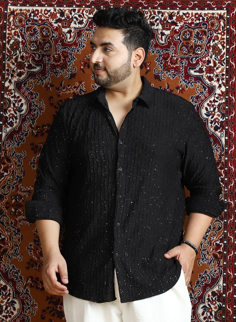 Instafab Plus Instafab Plus Men's Onyx Black Gleam-Tactile Shirt For Casual Wear | Spread Collar | Long Cuffed Sleeves | Button Closure | Plus Size Shirt Crafted With Comfort Fit For Everyday Wear