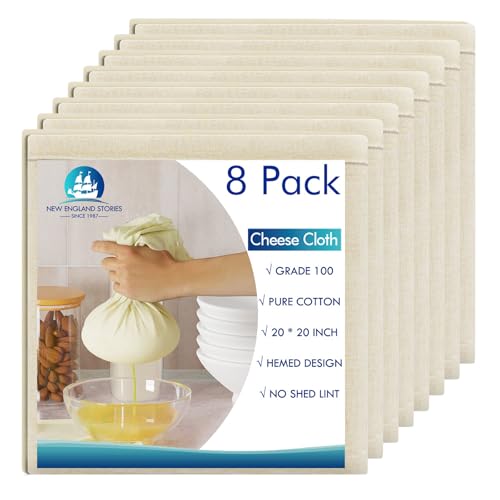 New England Stories 8 PCS Reusable Cheesecloth, Grade 100, 20x20 Inch Hemmed Cheese Cloth for Straining Craft, 100% Cotton Unbleached Cloth Strainer for Cooking, Baking, Juicing, Cheese Making - Image 1