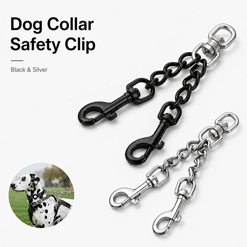 Dog Collar Safety Clip Stainless Steel Training Leash Double Buckle Lead With Spare Connecting Clip Pet Anti Escape Safety Buckle Suitable For Collars And Harnesses Black One Size - Image 2
