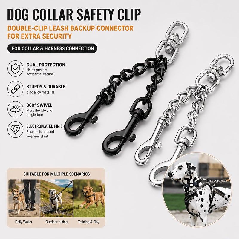 Dog Collar Safety Clip Stainless Steel Training Leash Double Buckle Lead With Spare Connecting Clip Pet Anti Escape Safety Buckle Suitable For Collars And Harnesses Black One Size - Image 1