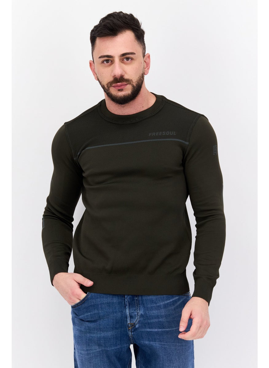 Free Soul - Men Crew Neck Brand Logo Long Sleeve Sweatshirt, Dark Olive - Image 1