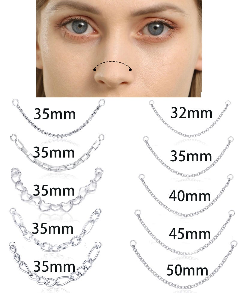 Tornito 10Pcs Nose Rings Chain Stainless Steel Heart Double Nose Chains Nostril Piercing Jewelry for Women Men Silver Tone 32/35/38/40/45/51mm - Image 2