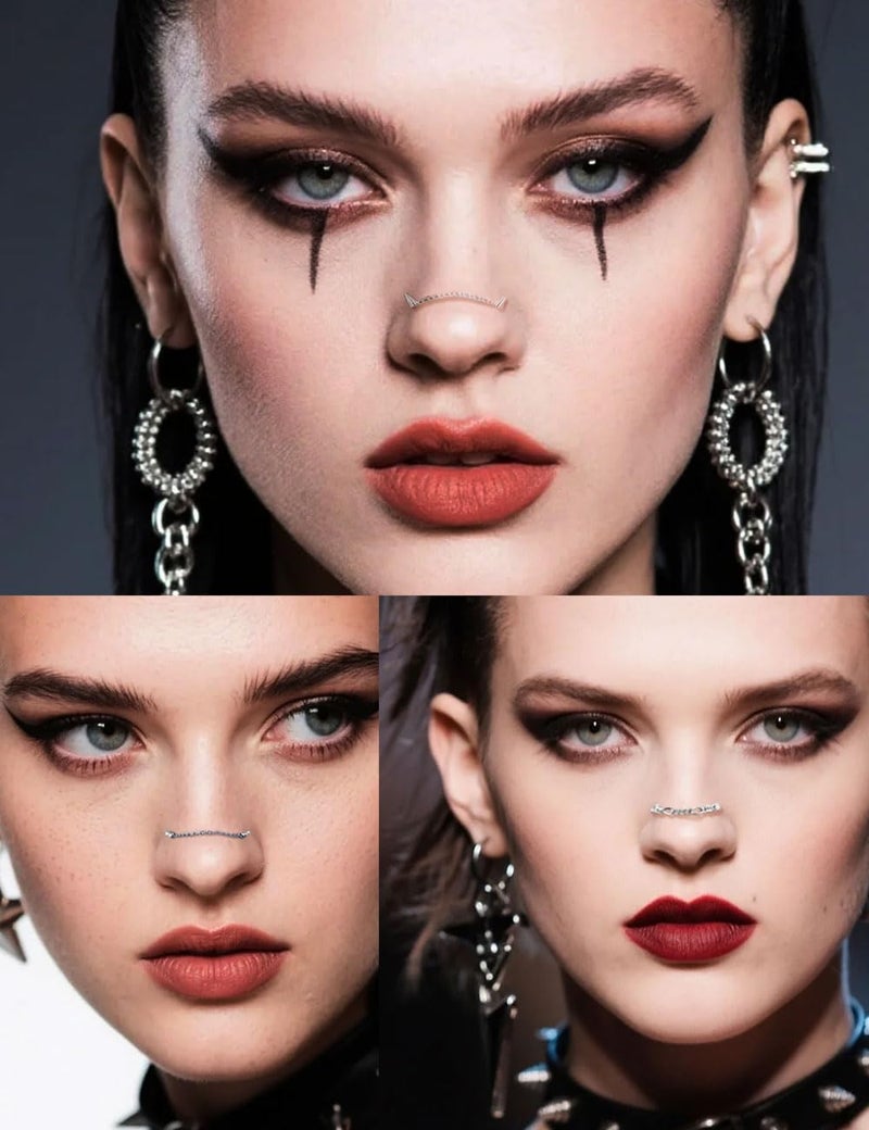 Tornito 10Pcs Nose Rings Chain Stainless Steel Heart Double Nose Chains Nostril Piercing Jewelry for Women Men Silver Tone 32/35/38/40/45/51mm - Image 4