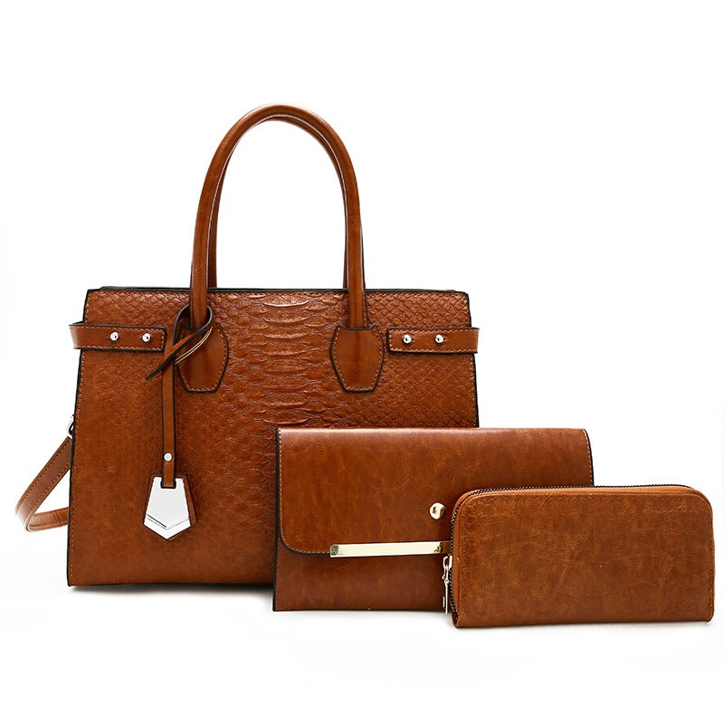 Bag Women'S Bag Fashion Texture Snake Pattern Large Capacity Portable Shoulder Messenger Bag Three Piece Bag - Image 1