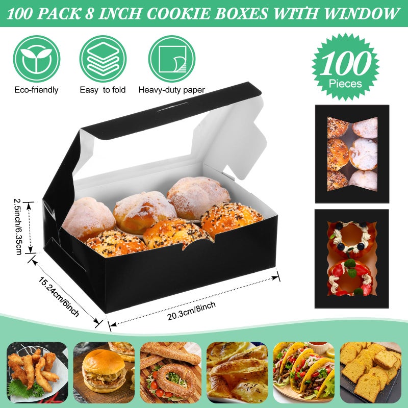 TaoBary 100 Pcs 8 Inch Bakery Boxes 8 x 6 x 2.5 Inch Cookie Pastry Boxes with 2 Style Window for Cookie Treat Chocolate Strawberries Cupcakes Candy Muffins(Black) - Image 2