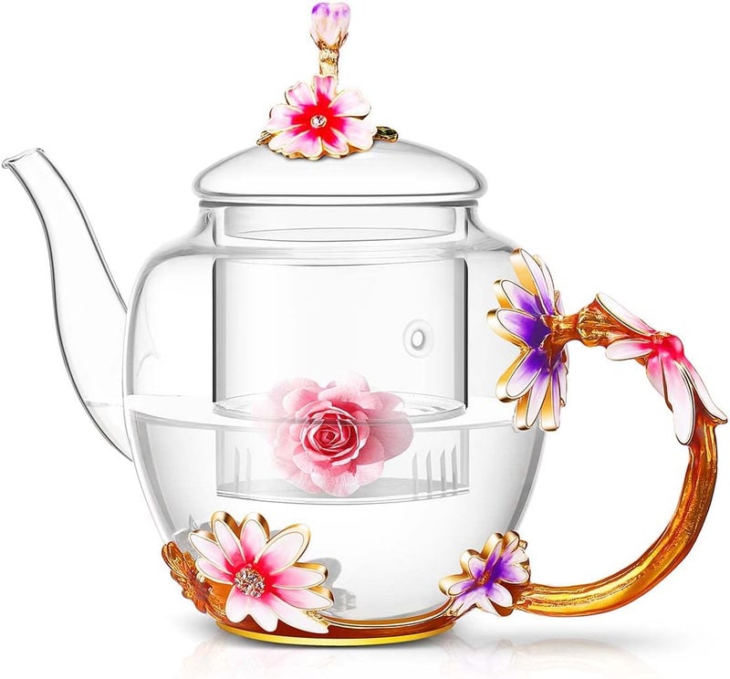 Luka Tech 35OZ Enamel Glass Flower Teapot With Removable Loose Tea Leaf Infuser Tea Maker,Gifts For Women,Mom,Mothers Day,Christmas,Birthday,Valentines Day - Image 1