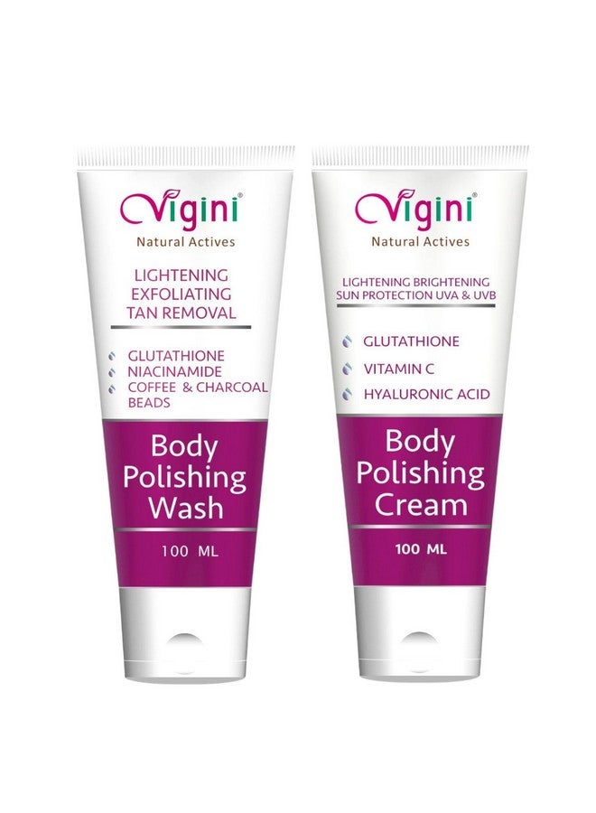 Vigini Exfoliating Pigmentation Dark Spots Dull Skin DeTan Dtan Removal Glutathione Coffee Scrub Body Wash & 1% Kojic Acid Vitamin C Lightening Brightening Moisturizer Body Cream Men Women 200 ml - Image 1