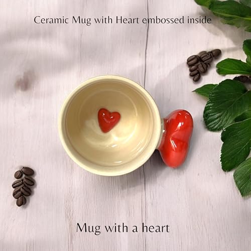 BACKKSPACE RETAIL Ceramic Coffee Tea Milk Mugs | Unique Handcrafted Ceramics | 320ml Capacity | Microwave & Dishwasher Safe (Red Heart Handle) - Image 2