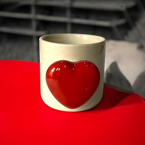 BACKKSPACE RETAIL Ceramic Coffee Tea Milk Mugs | Unique Handcrafted Ceramics | 320ml Capacity | Microwave & Dishwasher Safe (Red Heart Handle) - Image 1
