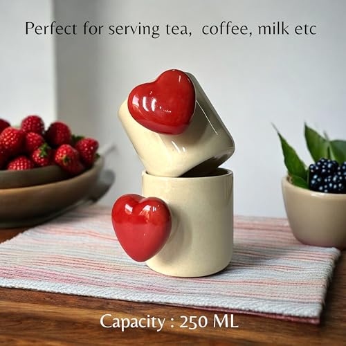 BACKKSPACE RETAIL Ceramic Coffee Tea Milk Mugs | Unique Handcrafted Ceramics | 320ml Capacity | Microwave & Dishwasher Safe (Red Heart Handle) - Image 4