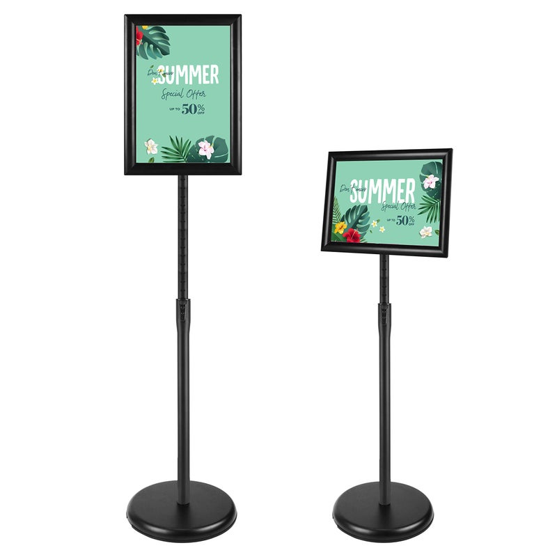 PUJIANG 85x11 Inch Adjustable Sign Holder Poster Stand Heavy Duty Floor Sign Stand with Aluminum Snap Open Frame for Vertical and Horizontal Sign DisplayedBlack