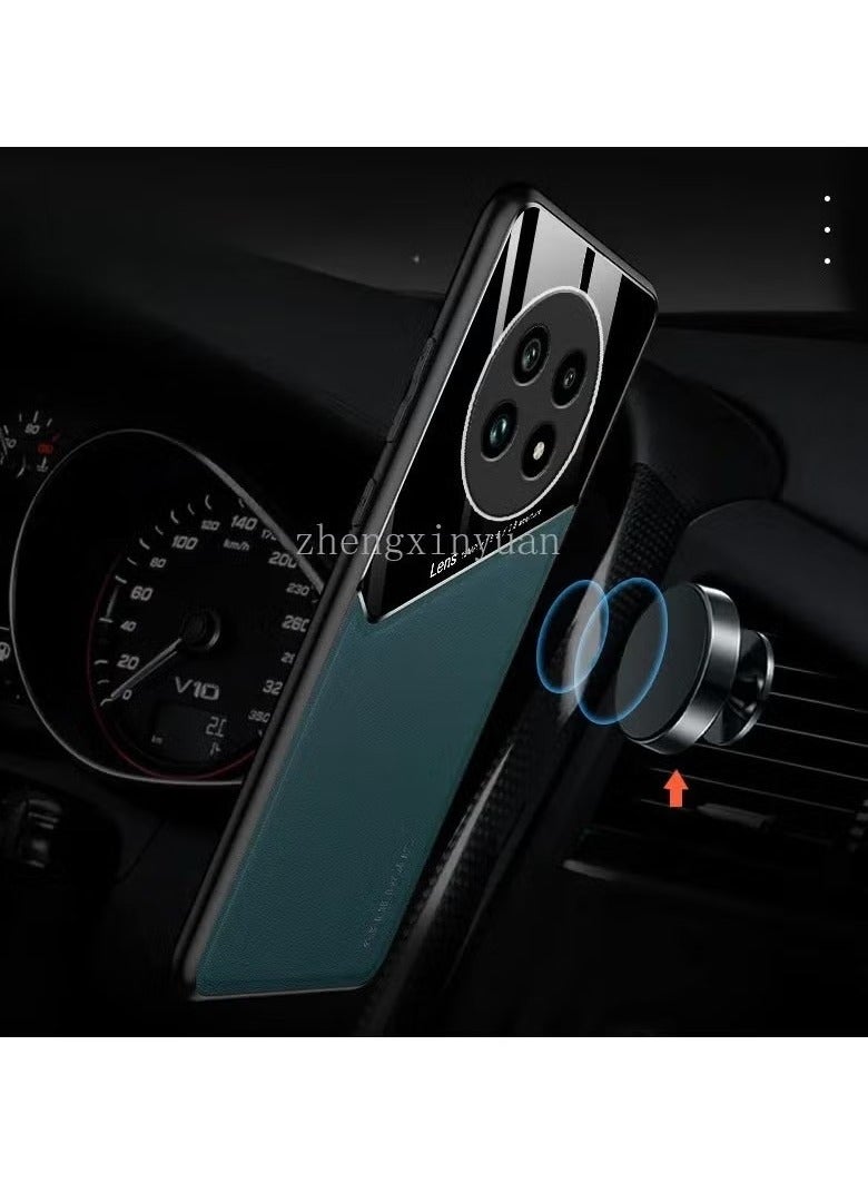 Case Compatible With Honor X9C/X60 Pro Cover Luxury Leather And Glass With Car Magnetic Holder Phone Cover Soft Frame Silicone (Green)