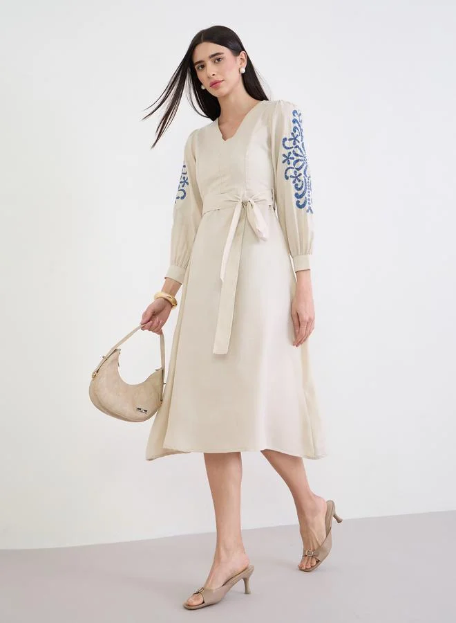Styli Cream Embroidered Sleeves A-Line Midi Dress