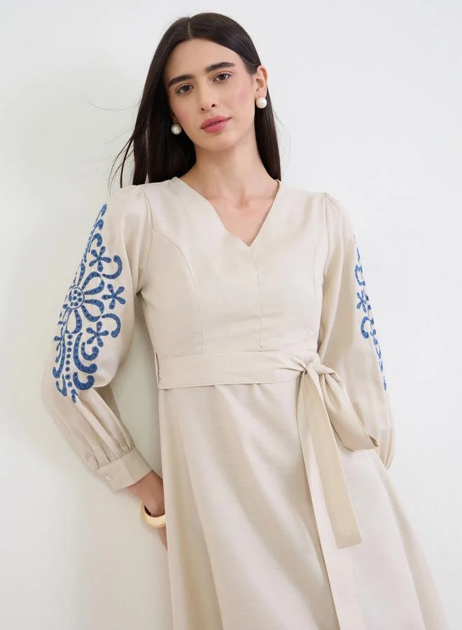 Styli Cream Embroidered Sleeves A-Line Midi Dress