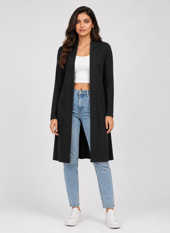 Take Two Black Solid Ribbed Longline Open Front Shrug By Gravt - Image 4