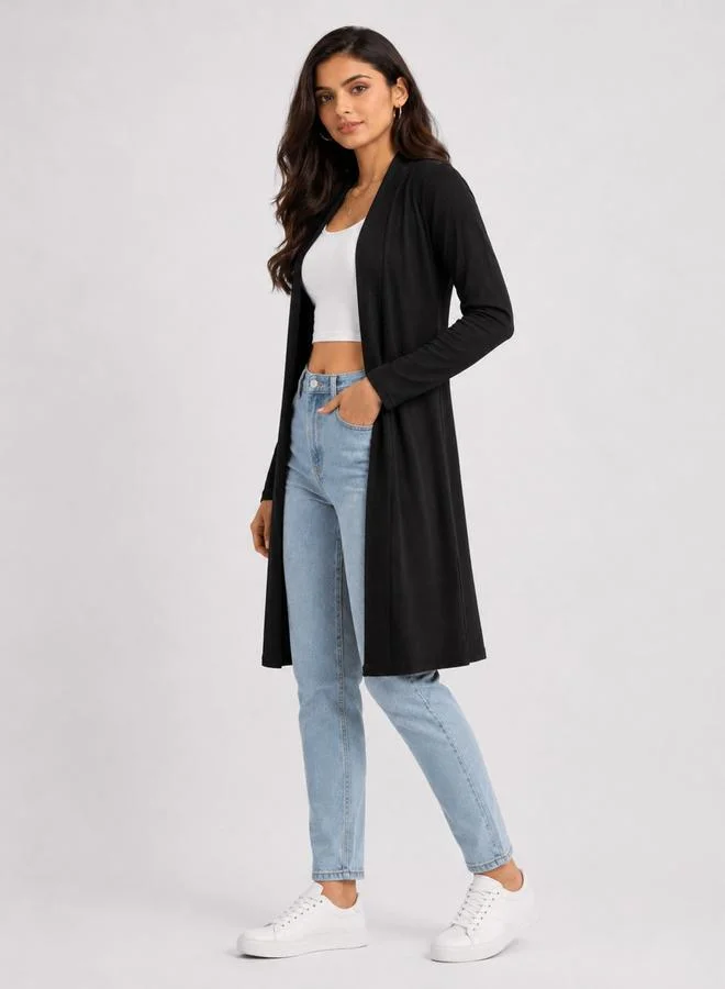 Take Two Black Solid Ribbed Longline Open Front Shrug By Gravt