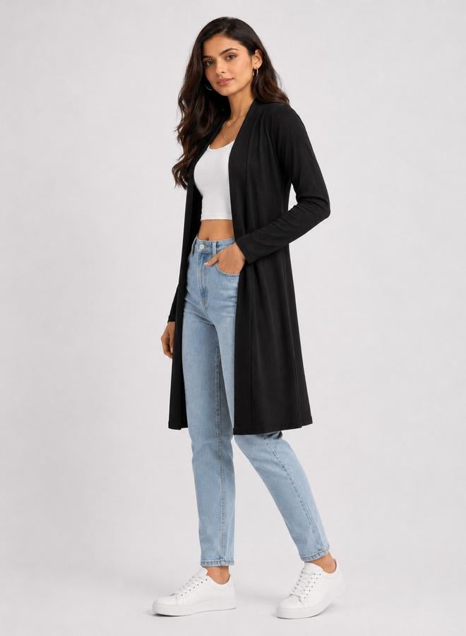 Take Two Black Solid Ribbed Longline Open Front Shrug By Gravt - Image 1