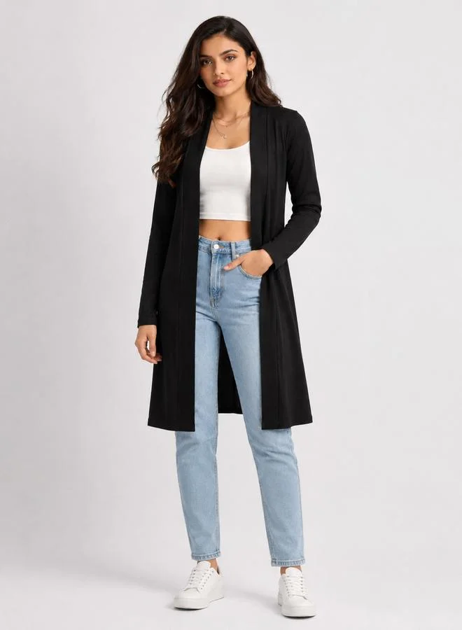 Take Two Black Solid Ribbed Longline Open Front Shrug By Gravt
